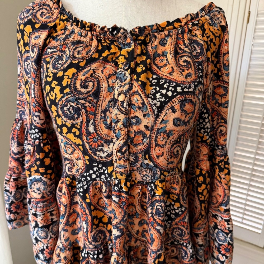 Angie Womens Paisley Bell Sleeve Tiered Mini Dress Orange Black Boho Small - Picture 2 of 6